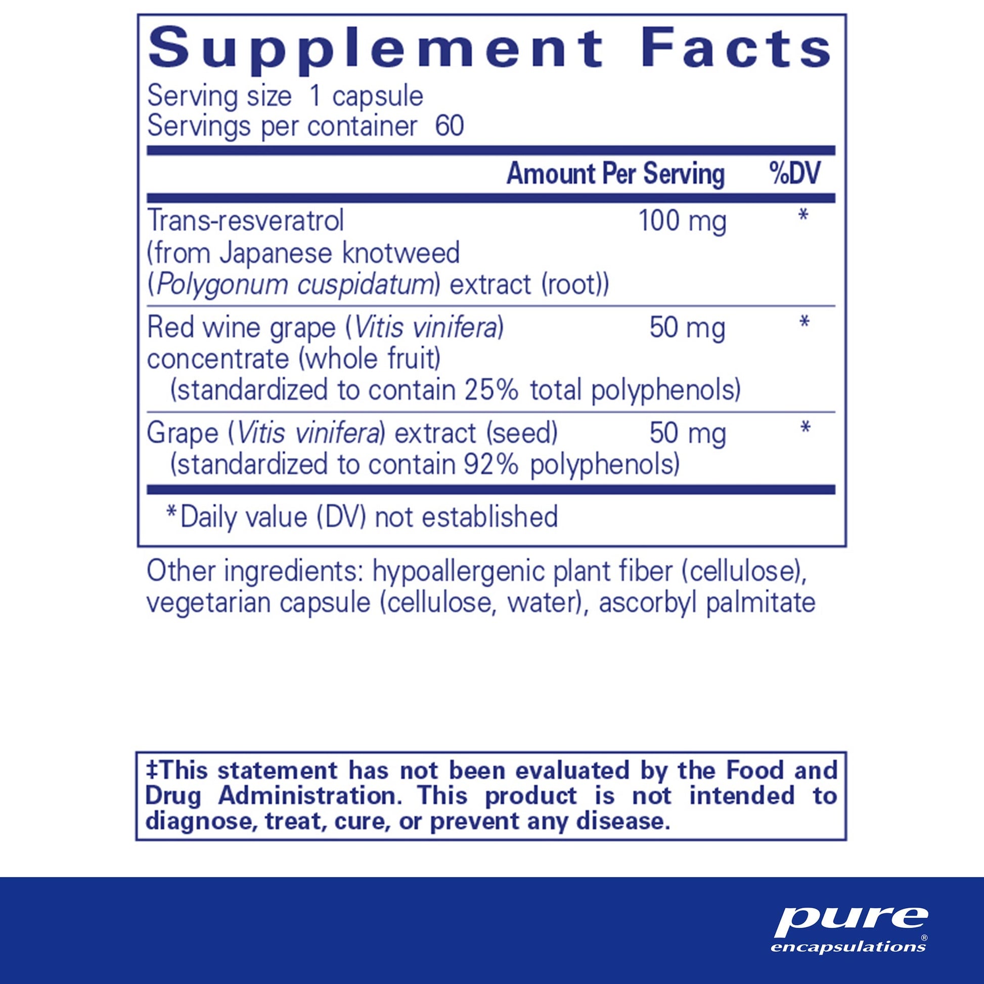 Supplement facts and ingredient information for a bottle of Pure Encapsulations Resveratrol EXTRA dietary supplement