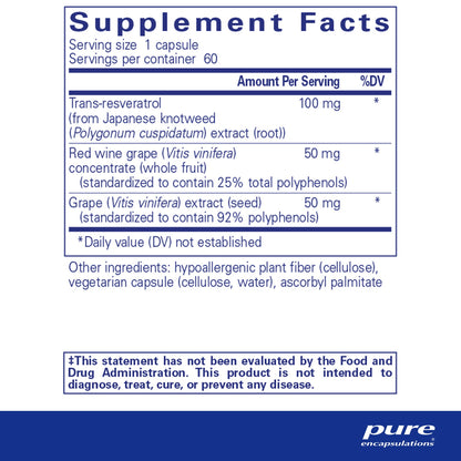 Supplement facts and ingredient information for a bottle of Pure Encapsulations Resveratrol EXTRA dietary supplement