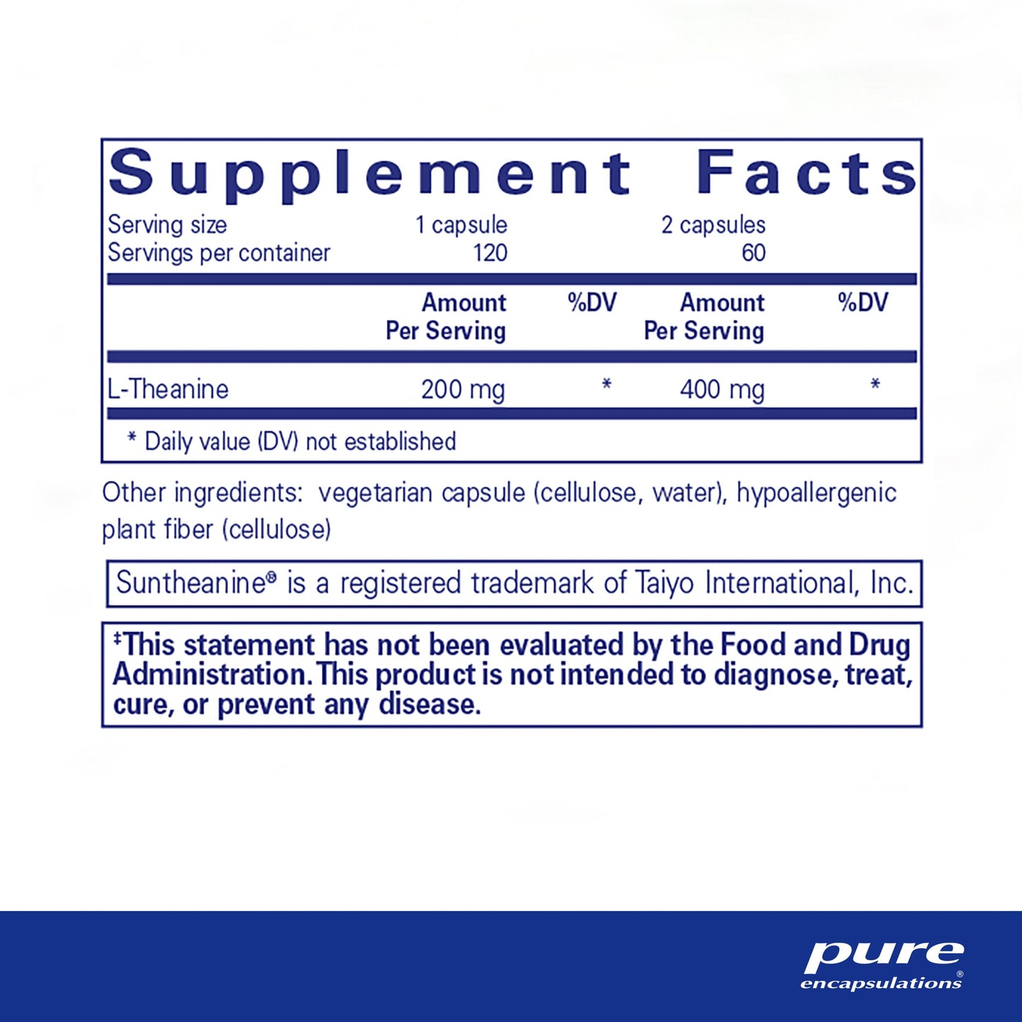 Supplement facts and ingredient information for a bottle of Pure Encapsulations l-Theanine dietary supplement