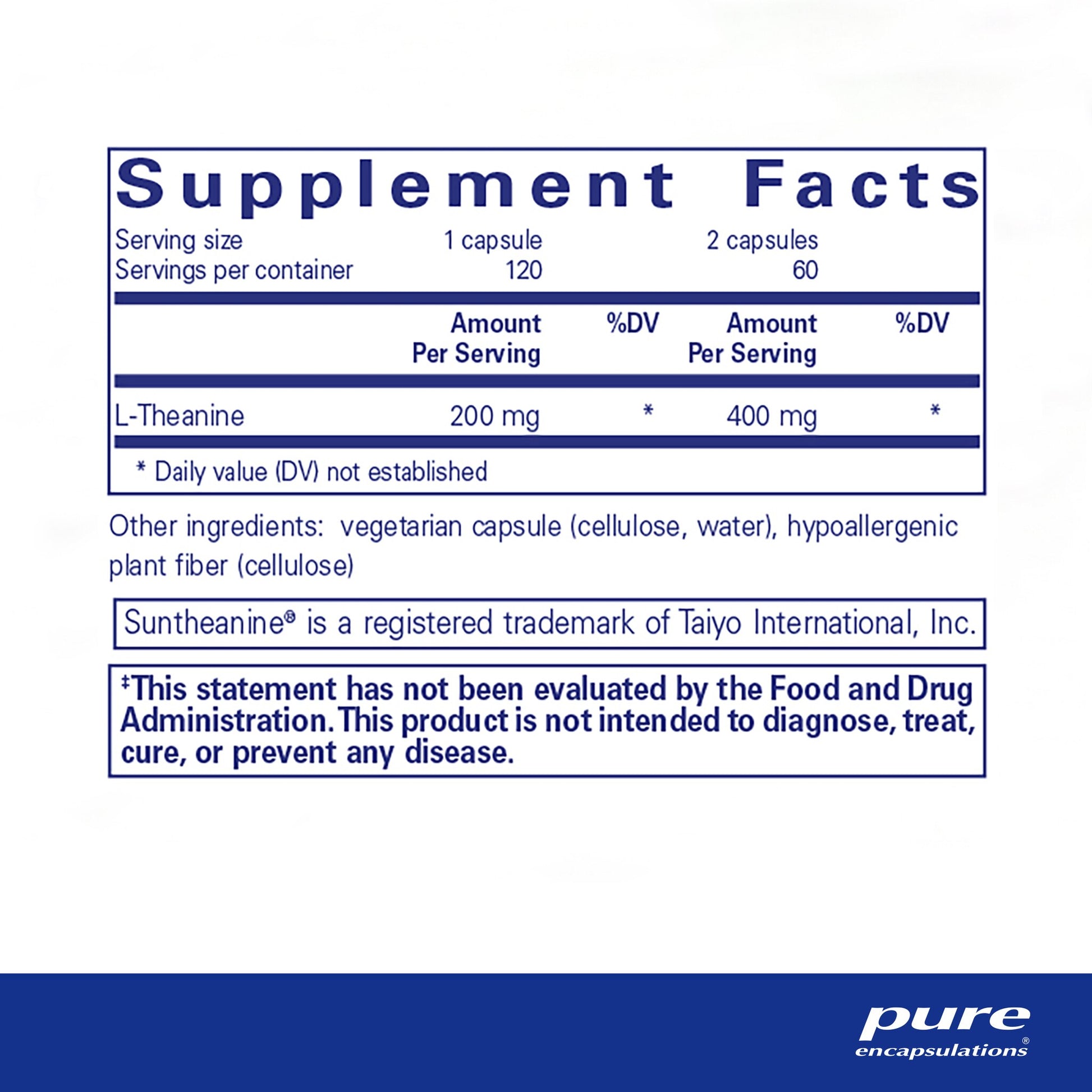 Supplement facts and ingredient information for a bottle of Pure Encapsulations l-Theanine dietary supplement