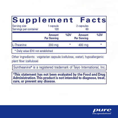 Supplement facts and ingredient information for a bottle of Pure Encapsulations l-Theanine dietary supplement
