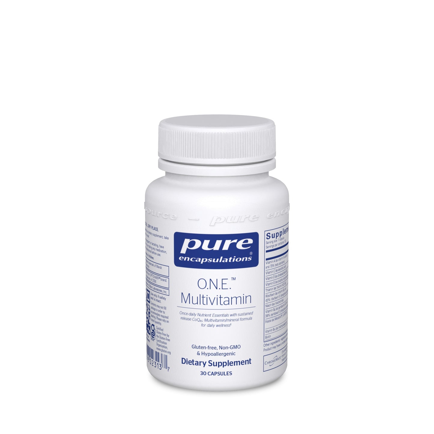A white bottle of Pure Encapsulations O.N.E. Multivitamin with a label that includes the brand name and product name.