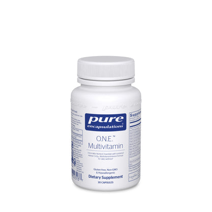 A white bottle of Pure Encapsulations O.N.E. Multivitamin with a label that includes the brand name and product name.
