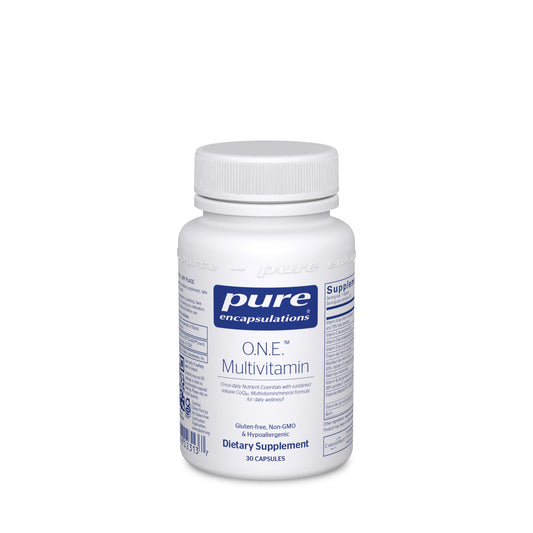 A white bottle of Pure Encapsulations O.N.E. Multivitamin with a label that includes the brand name and product name.