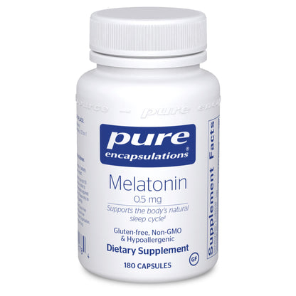 A bottle of Pure Encapsulations Melatonin 0.5 mg dietary supplement containing 180 capsules, with labels indicating it is gluten-free, non-GMO, and hypoallergenic.