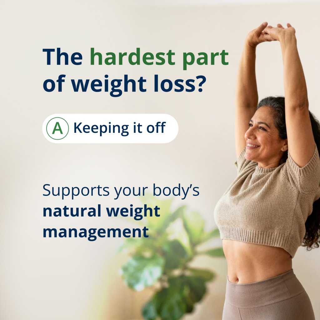 Woman stretching with text about weight loss and natural weight management on a light background