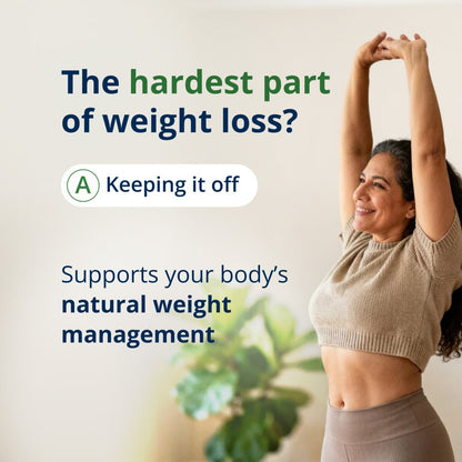 Woman stretching with text about weight loss and natural weight management on a light background