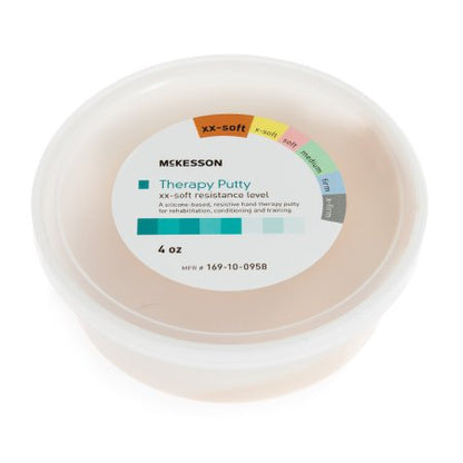 A container of McKesson Therapy Putty with a label indicating it is x2 soft resistance level, 2 oz. size, and indicates it is not made with natural rubber latex.