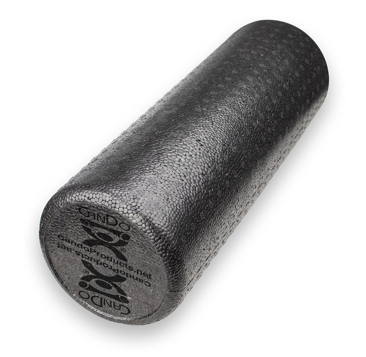 A black composite foam roller designed for physical therapy and massage therapy uses.