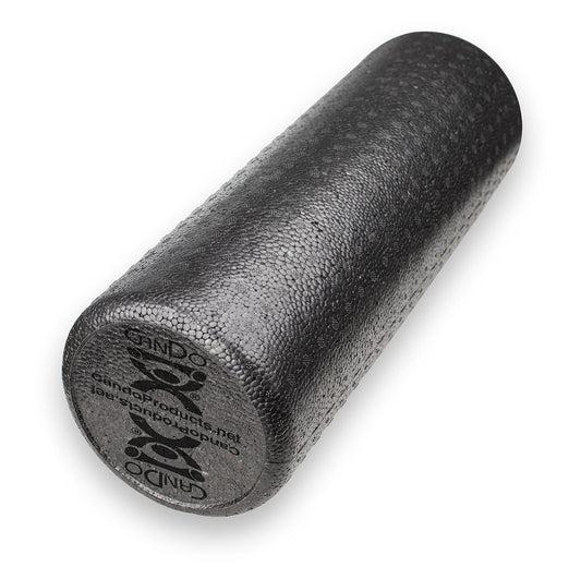 A black composite foam roller designed for physical therapy and massage therapy uses.