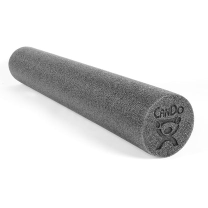 A gray CanDo Plus foam roller with a textured surface and the brand logo visible on the end.