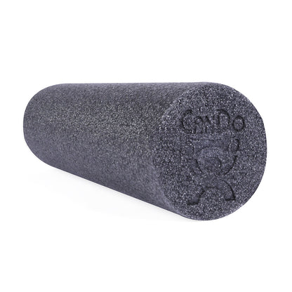 A gray CanDo Plus foam roller with a logo on the upper part.