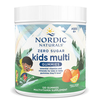 A picture of Nordic Naturals Zero Sugar Kis Multi Gummies.  120 Gummies with an orange and lemon taste.