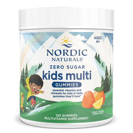 A picture of Nordic Naturals Zero Sugar Kis Multi Gummies.  120 Gummies with an orange and lemon taste.