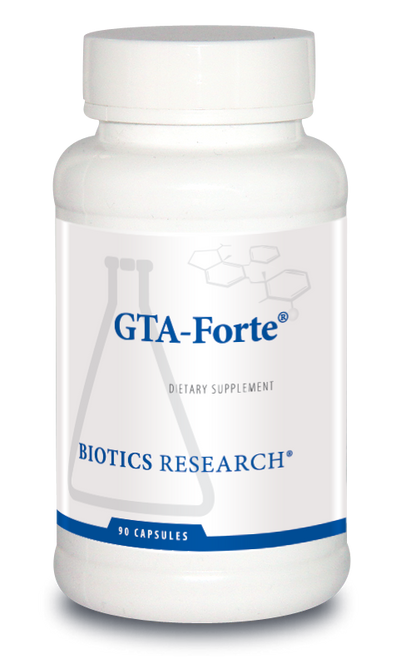 GTA-Forte dietary supplement bottle with Biotics Research branding on a white background