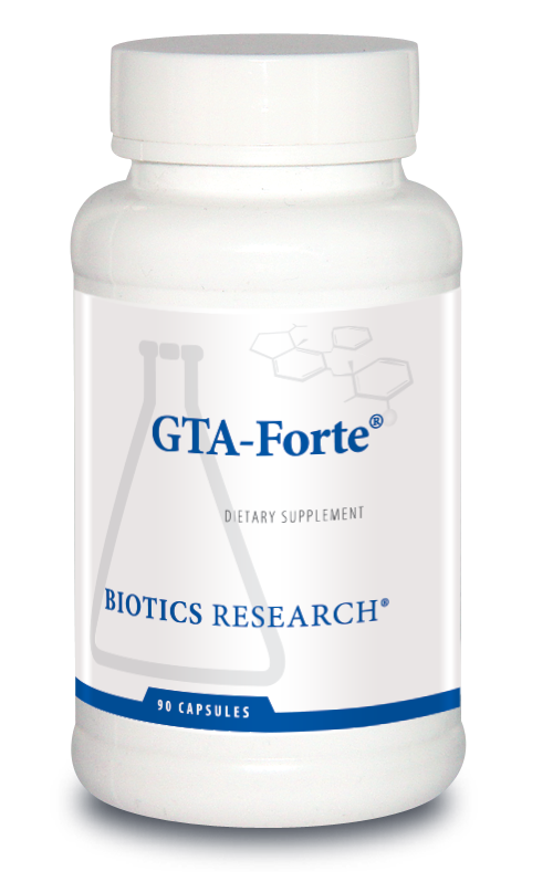 GTA-Forte dietary supplement bottle with Biotics Research branding on a white background