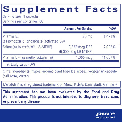 Supplement facts for a bottle of Pure Encapsulations Folate 5,000 Plus dietary supplement 