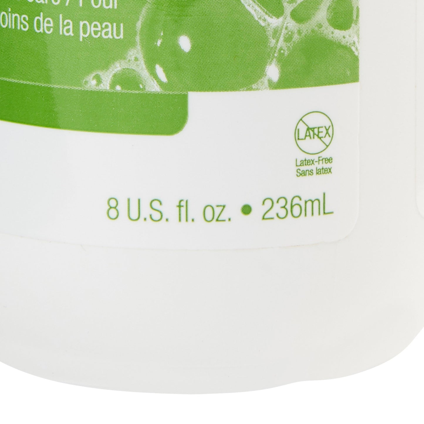 Close-up of a product label with green text and a latex-free symbol on a white background.