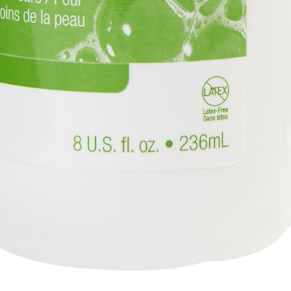 Close-up of a product label with green text and a latex-free symbol on a white background.