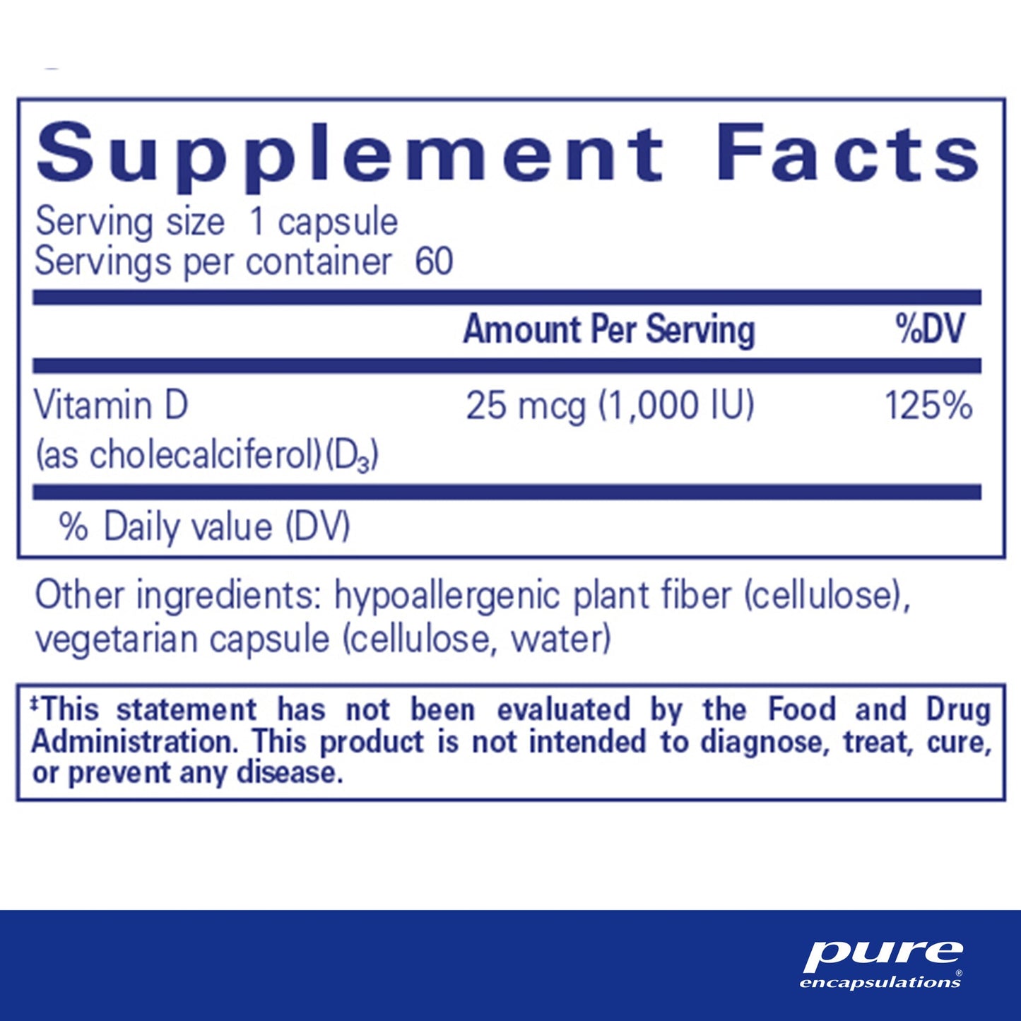 Supplement facts and ingredient information for a bottle of Pure Encapsulations Vitamin D3 25 mcg (1,000 IU)