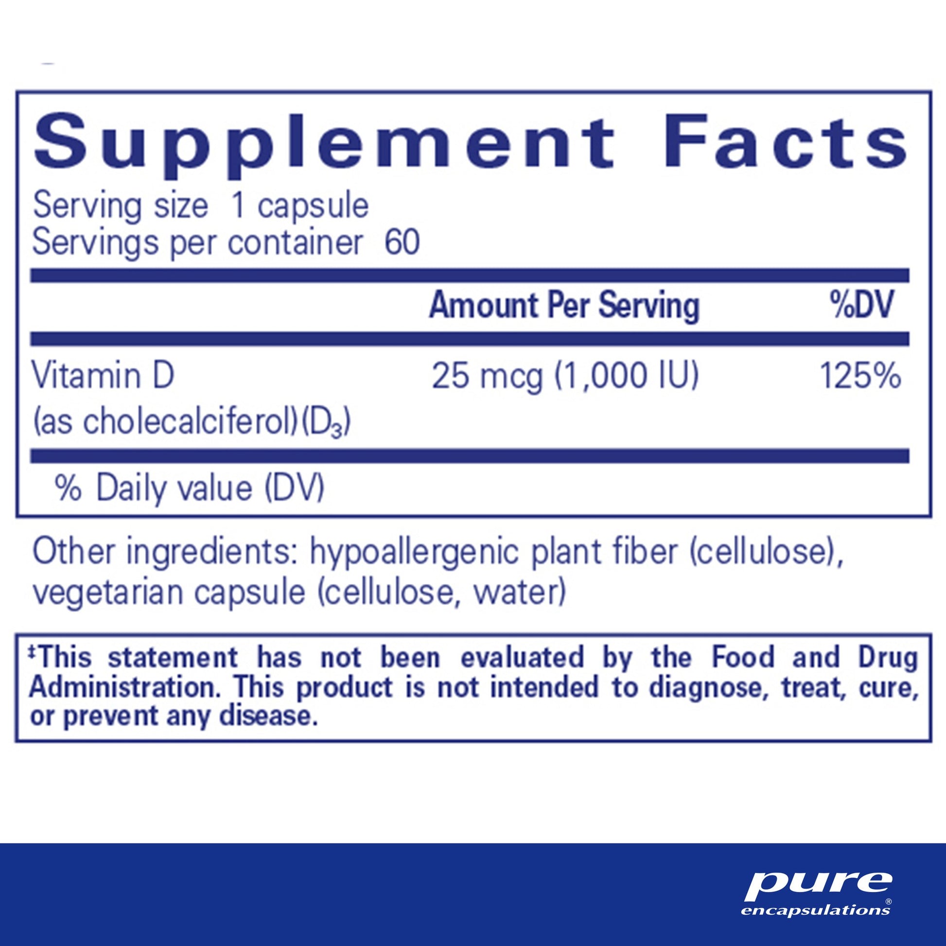 Supplement facts and ingredient information for a bottle of Pure Encapsulations Vitamin D3 25 mcg (1,000 IU)