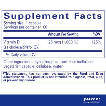 Supplement facts and ingredient information for a bottle of Pure Encapsulations Vitamin D3 25 mcg (1,000 IU)