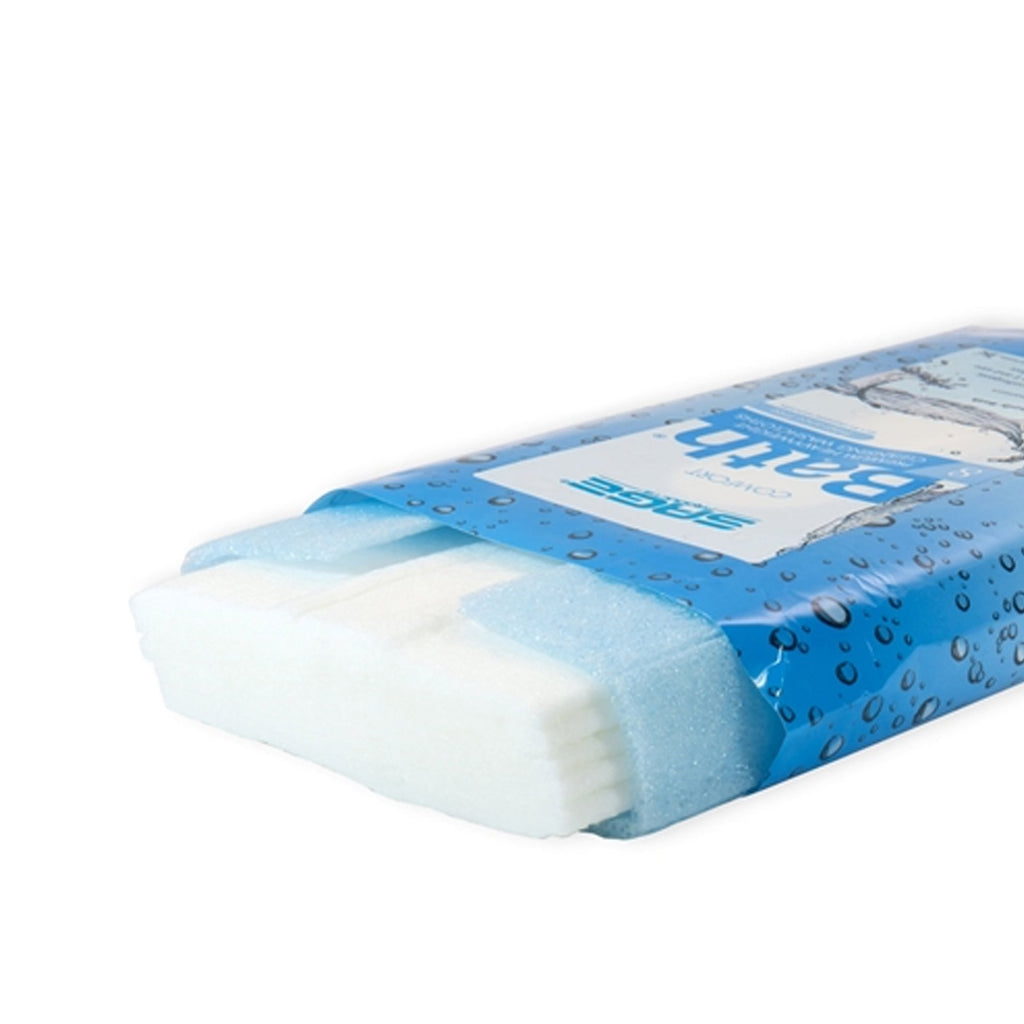 Packaged cotton swabs with blue and white design on a white background