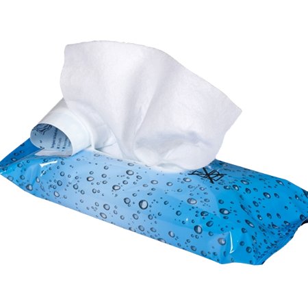 Blue tissue pack with a white tissue pulled out on a white background