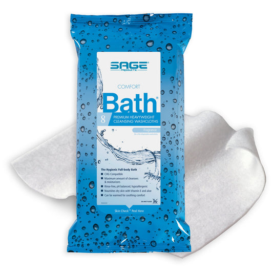 Blue package of Sage Comfort Bath wipes with a white towel underneath on a white background