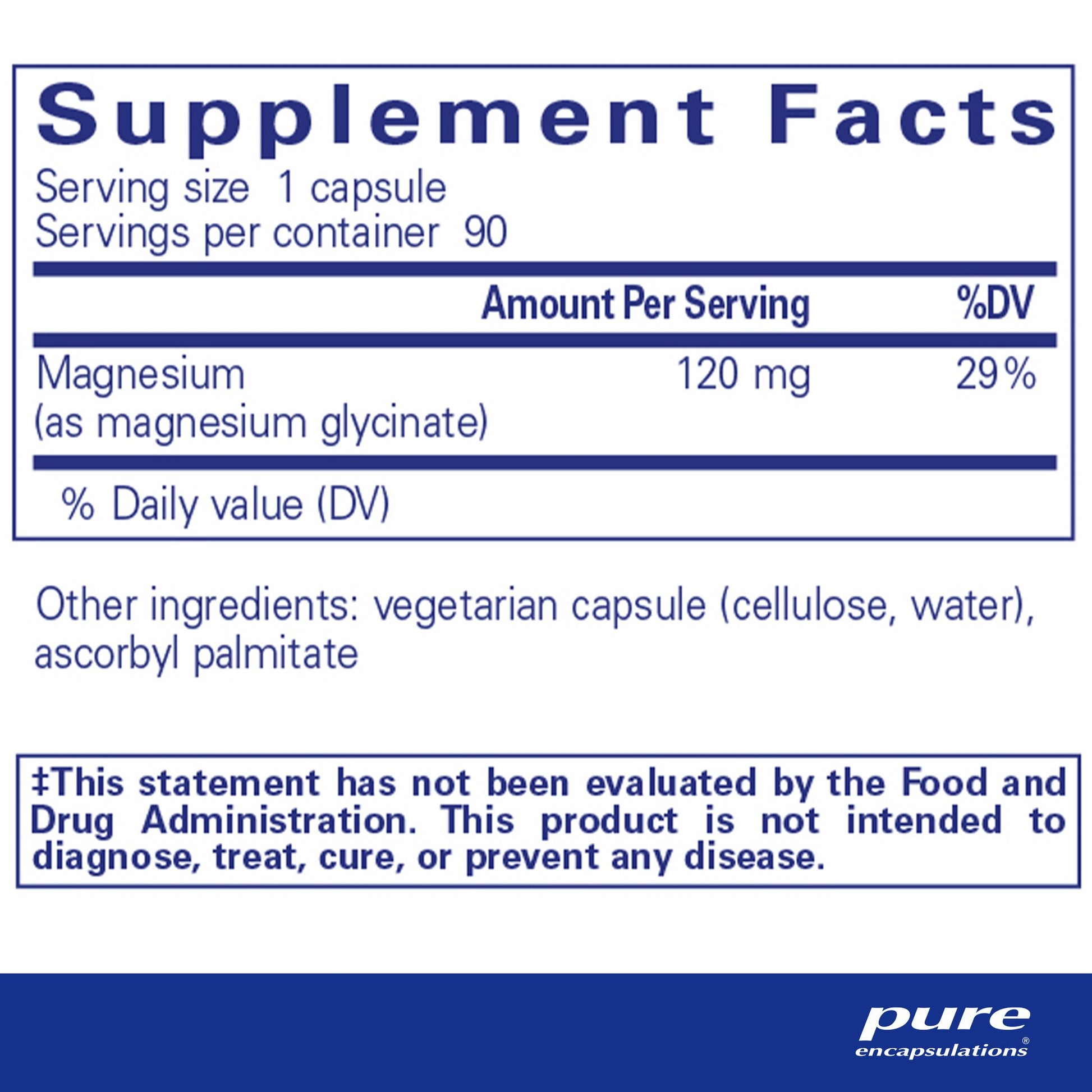 Supplement facts and ingredient informaton for a bottle of Pure Encapsulations Magnesium (glycinate) dietary supplement