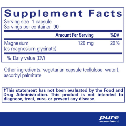 Supplement facts and ingredient informaton for a bottle of Pure Encapsulations Magnesium (glycinate) dietary supplement