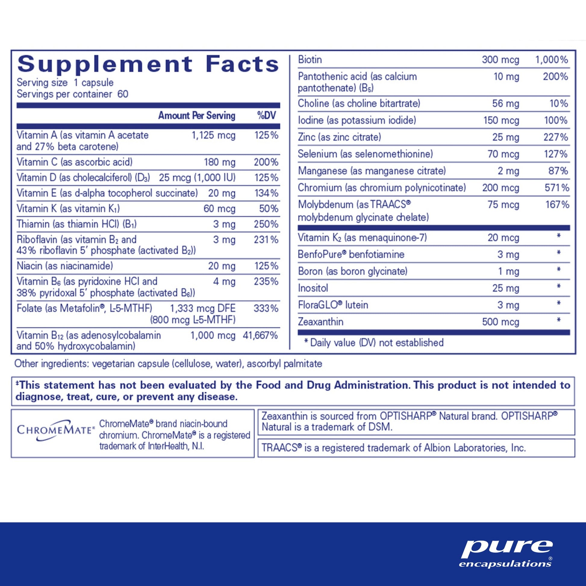 Supplement facts for a bottle of Pure Encapsulations PureGenomics Multivitamin dietary supplement 