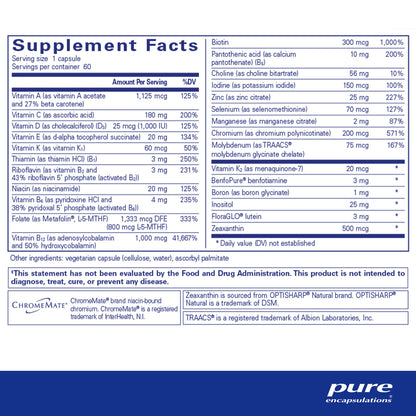 Supplement facts for a bottle of Pure Encapsulations PureGenomics Multivitamin dietary supplement 