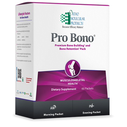 Packaging for Orthomolecular Products Pro Bono bone building supplement, showing 60 packets for daily consumption, with one for morning and one for evening.