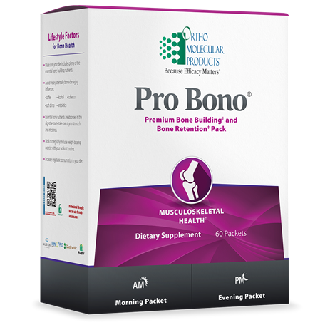Packaging for Orthomolecular Products Pro Bono bone building supplement, showing 60 packets for daily consumption, with one for morning and one for evening.