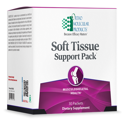 A box of Orthomolecular Products Soft Tissue Support Pack, which contains 9 packets of dietary supplements aimed at supporting musculoskeletal health.