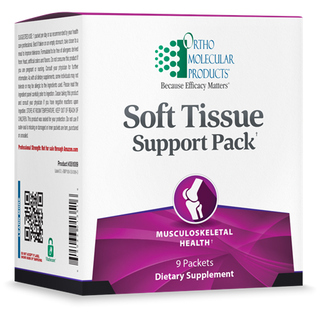 A box of Orthomolecular Products Soft Tissue Support Pack, which contains 9 packets of dietary supplements aimed at supporting musculoskeletal health.