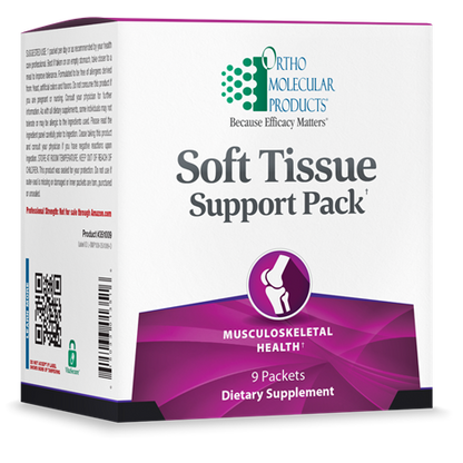 A box of Orthomolecular Products Soft Tissue Support Pack, which contains 9 packets of dietary supplements aimed at supporting musculoskeletal health.