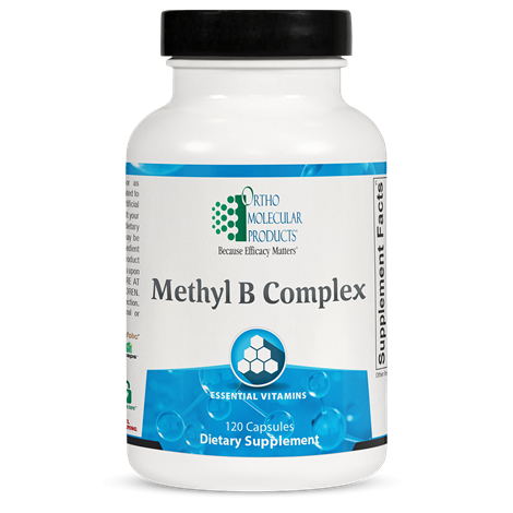 A bottle of OrthoMolecular Products Methyl B Complex dietary supplement with 120 capsules.