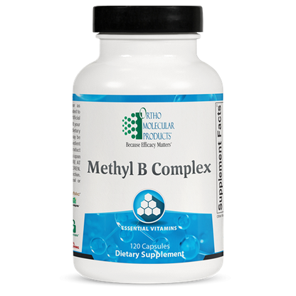 A bottle of OrthoMolecular Products Methyl B Complex dietary supplement with 120 capsules.