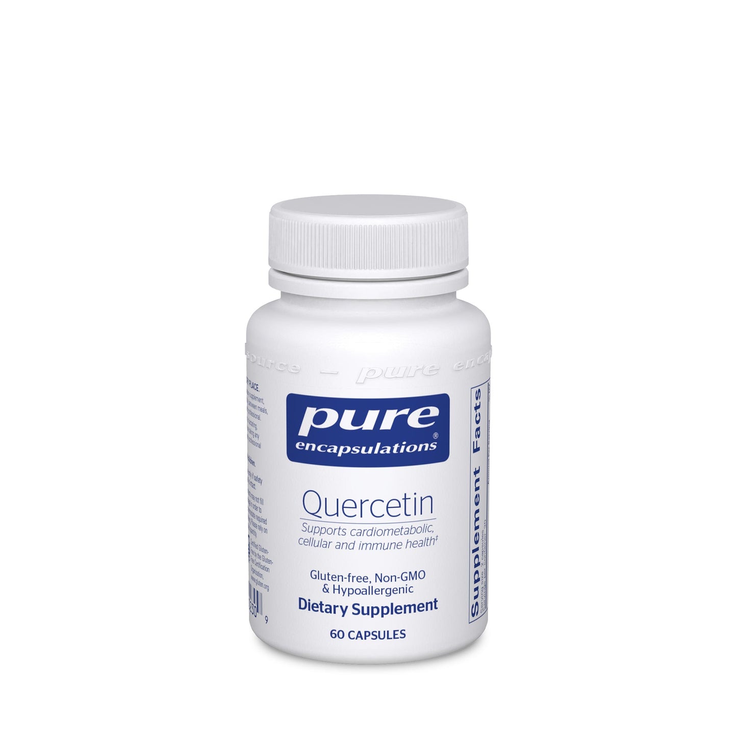 A bottle of Pure Encapsulations Quercetin dietary supplement containing 60 capsules, with labels indicating it supports immune health and is gluten-free, non-GMO, and hypoallergenic.