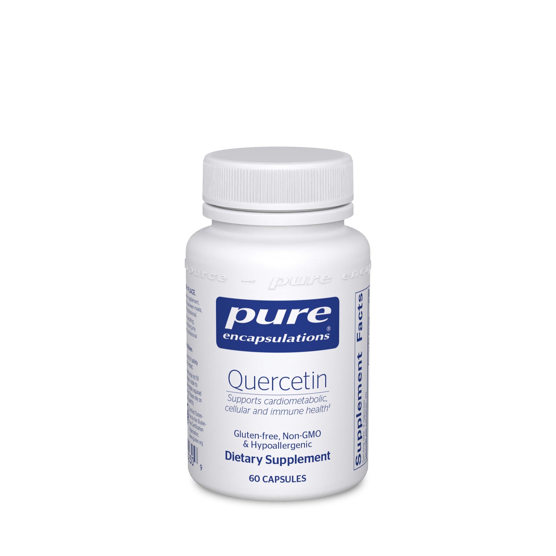 A bottle of Pure Encapsulations Quercetin dietary supplement containing 60 capsules, with labels indicating it supports immune health and is gluten-free, non-GMO, and hypoallergenic.