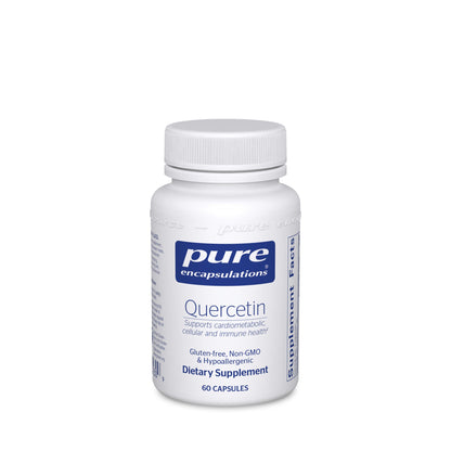 A bottle of Pure Encapsulations Quercetin dietary supplement containing 60 capsules, with labels indicating it supports immune health and is gluten-free, non-GMO, and hypoallergenic.