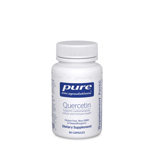 A bottle of Pure Encapsulations Quercetin dietary supplement containing 60 capsules, with labels indicating it supports immune health and is gluten-free, non-GMO, and hypoallergenic.