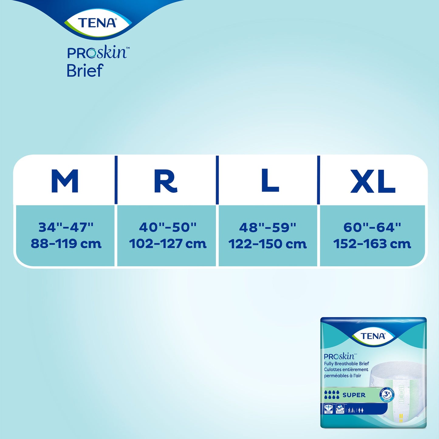 TENA ProSkin Brief size chart on a light blue background with product packaging.