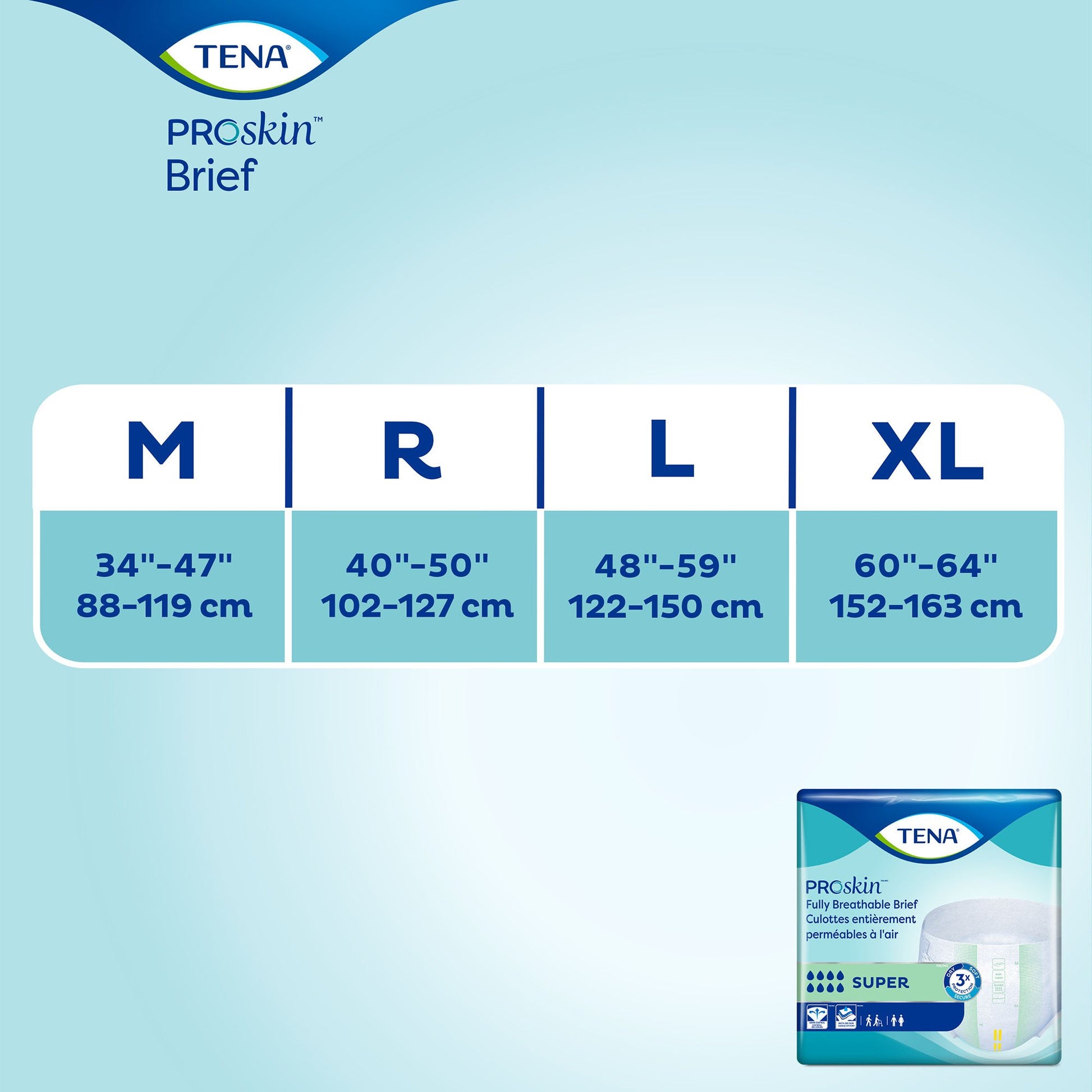 TENA ProSkin Brief size chart on a light blue background with product packaging.