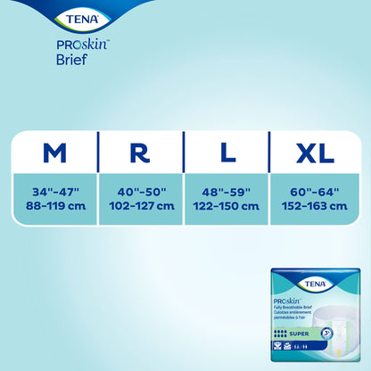 TENA ProSkin Brief size chart on a light blue background with product packaging.