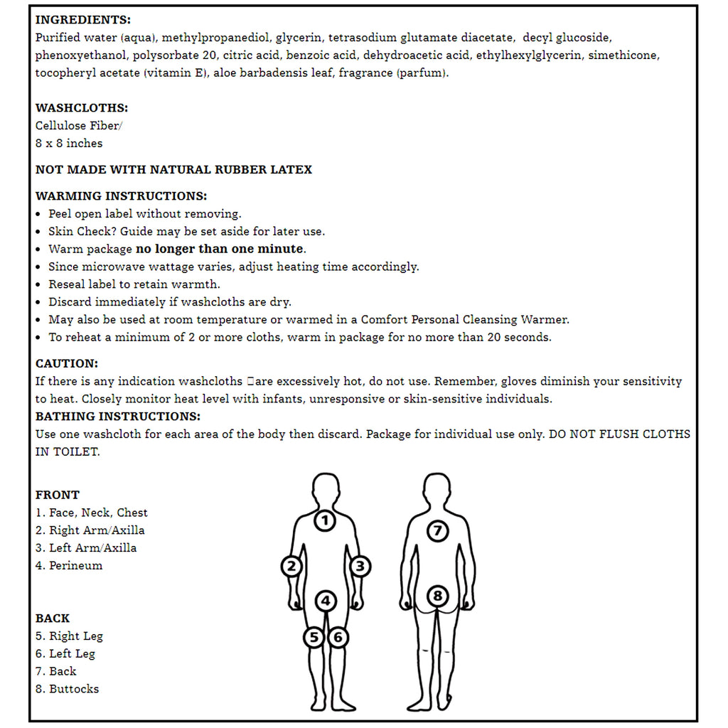Product label with ingredients, washcloth details, and usage instructions on a white background.