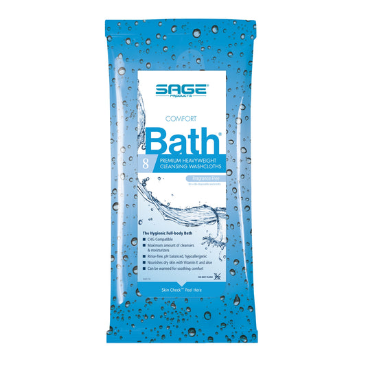 Pack of Sage bath cleansing wipes with blue packaging and water droplet design.