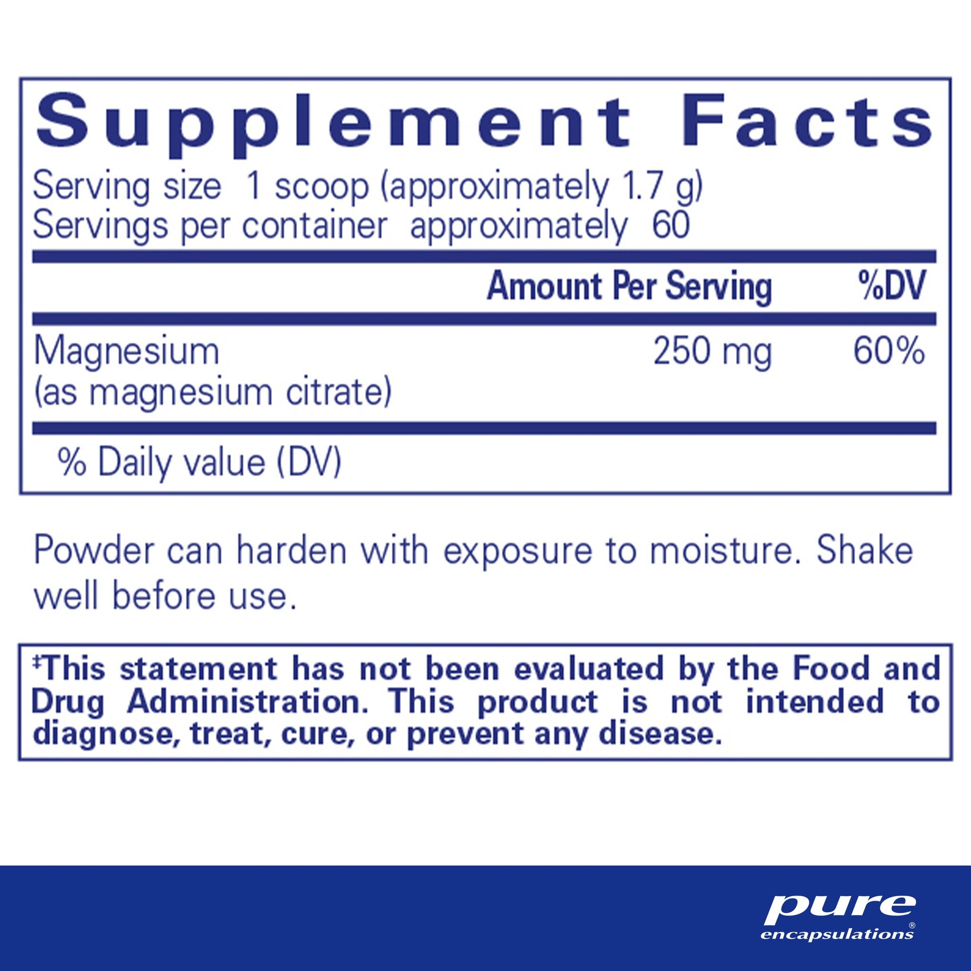 Supplement facts and ingredient information for a  container of Pure Encapsulations Magnesium powder.